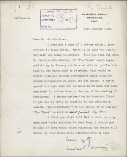   Winston Spencer. Letter Signed to Curtis Brown about The World Crisis