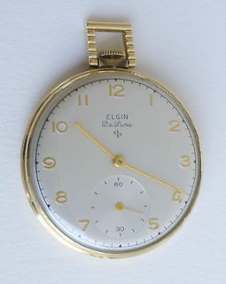 ELGIN DeLuxe Pocket watch 14k GOLD gf 17j 5 adj Deco Exc
