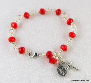 Rosary Bracelet St Michael Guardian Angel in Faceted Red Glass 