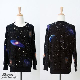 New Womens galaxy space print knit long sleeve top round t shirt 