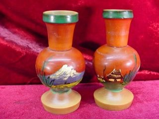 Old SOUTH AMERICAN Palm WOOD BUD VASES Hand Painted