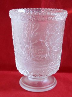   Glass Footed 6 1/4 Vase Raised Currier & Ives Design Petal Rim