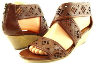 CYNTHIA VINCENT LEAH Cognac Womens Designer Shoes Wooden Wedge Sandals 