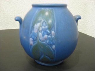 Vtg round Weller Matte Blue Velva Art Deco handle Pottery Vase