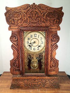 Antique New Haven Gingerbread Clock Beautifully Carved Oak Case