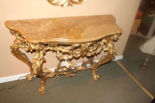 Italian Gilded Console Marble Top Table with Elaborate Carvings, Circa 