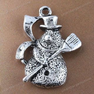 10x Vintage Silver Tone Snowman With Broom Charm Pendant Jewelry 