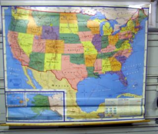 Vintage NYSTROM * DOUBLE School WALL MAP   UNITED STATES & WORLD 