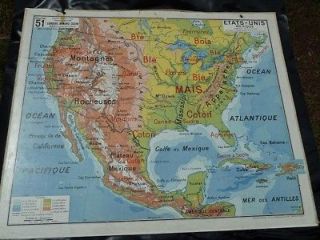 French Vintage Map school World Map US America Wine