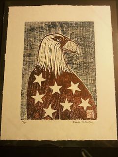 Folk Art American Bald Eagle original Woodblock print Japanese washi 