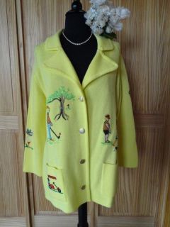 Vintage Retro Ladies Yellow Golf Sweater Jacket with Cute Embroidery 