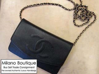 Authentic CHANEL Black Caviar Leather Wallet on Chain with Gold Chain