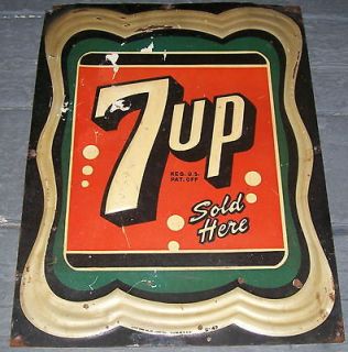   7UP 7 up sign old EMBOSSED tin metal sign HARD TO FIND SOLD HERE stout