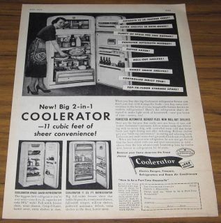 1953 VINTAGE AD~COOLERATOR BIG 2 IN 1 REFRIGERATOR F​REEZER