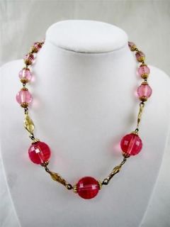 Vintage Japan Pink Vaseline Glass Bead & Gold Tone Leaf Necklace