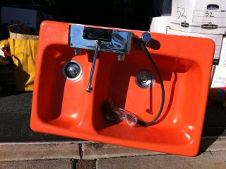 Vintage Orange Dishmaster Imperial Four Sink w/ Faucet Enameled Cast 