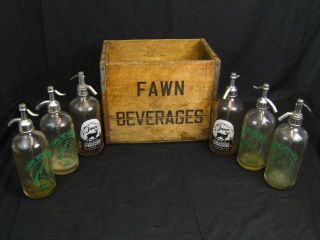 Fawn Beverages Co. Seltzer Soda Bottles + Wooden Crate Elmira NY RARE