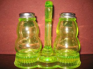 Vaseline glass salt and pepper shakers set with holder uranium yellow 