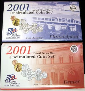 2001 P&D Uncirculated US Mint Set 20 Coins Sacagawea Dollar State 