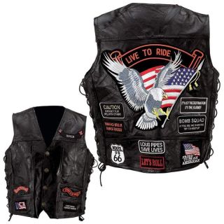 Black Leather Motorcycle Biker Vest Waist Coat w/14 Patches~S M L XL 