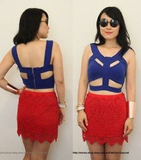 CAGED BACKLESS BLUE BUSTIER CUT OUT BODICE CORSET FITTED FESTIVAL CROP 