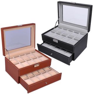 Gift 20 Men Leather Watch Case Glass Top Jewelry Display Box Two Layer 