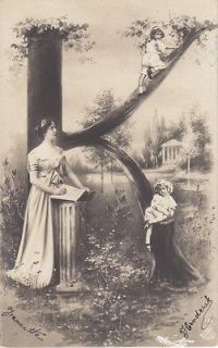 Alphabet letter K with lady children in tree photo vintage postcard