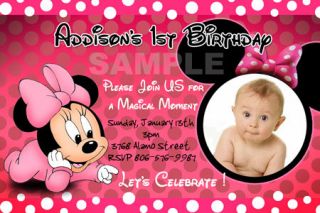 MINNIE MOUSE HOT PINK DOTS POLKA ZEBRA BIRTHDAY PARTY INVITATION BABY 