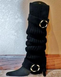Black Knit Leg Warmer Warmers Boot Toppers Covers w/One Buckle Per 