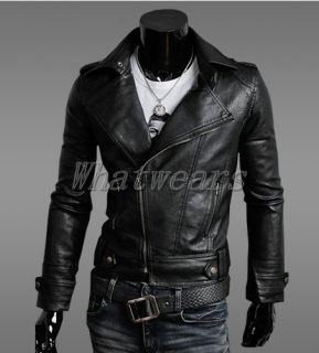 WRR New Mens Causal Slim PU Leather Biker Jacket Coat Zipper Black M 