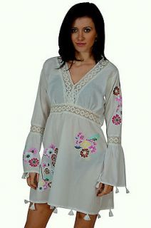 Dahlia Embroidered Lace Trim WHITE Cover Up   Tunic Dress with Kimono 