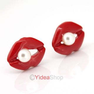   PP 1pair Cute Sexy Faux Pearl Red Lips Stud Earrings Charms 261326
