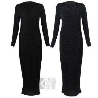   WOMENS LONG SLEEVED HOODED BODYCON LUREX MAXI DRESS SIZES 8 10 12 14