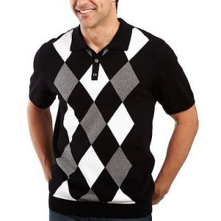 New Claiborne Men Short Sleeve Cotton Polo Sweater Black Argyle 