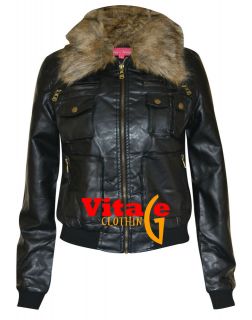 Ladies Quilted Faux Leather Black PVC Biker Jacket Womens Fur Collar 