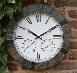 Large Slate Effect OUTDOOR Wall CLOCK & GARDEN THERMOMETER / Humidity 