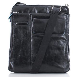 PIQUADRO Men Shoulder Bag Genuine Leather Black Line Blue Square NEW 