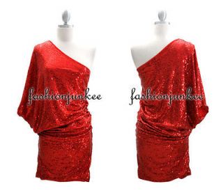 RED C6064 Sequin One Shoulder Mini Dress Sexy Clubwear Cocktail Shiny 