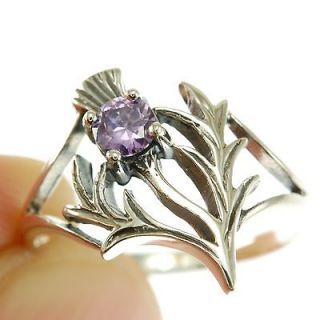Celtic Thistle Ring w Genuine Amethyst size 7 US 925 Solid Sterling 