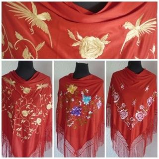 Red flamenco multicoloured embroided Spanish shawl 66 x 39 Direct 