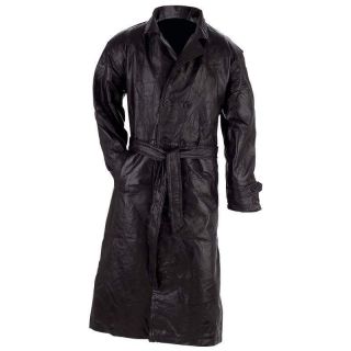 Mens Black Genuine Leather Trench Coat Belted SM   4XL
