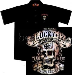 Devil Skull Biker Work Shirt, Lucky 13, Bikes Booze Broads