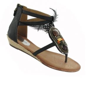 SALE ** LADIES BLACK LOW WEDGE SANDALS WITH FEATHERS AND BEADS 