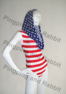 American Flag Hooded Bodysuit Catsuit Jumpsuit Stars Stripes Top