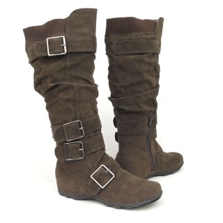 Flat Womens Knee High Faux Suede Boots Brown buckles casual winter 