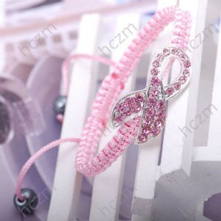 Rose crystal pave silver tone breast cancer connector pink string cord 