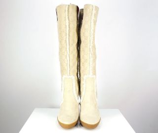 GUCCI Tan Suede Logo Print Knee High Boots with Shearling Trim