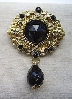 Stunning Vintage Black Glass Czech Filigree Drop Brooch
