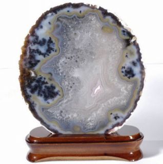 Large Beautifully Patterned NATURAL AGATE Thick Slab on Hard WOOD Base 
