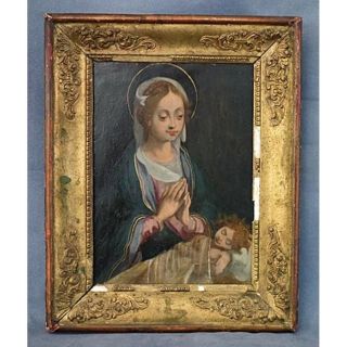 Antique 17th century Painting Virgin Adoring the Sleeping Christ Child